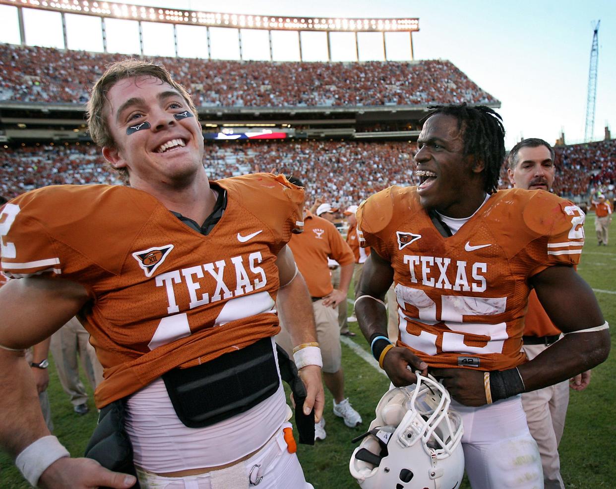 Texas quarterback Colt McCoy, left, and running back Jamaal Charles celebrate Charles' 290 yards rushing in a 28-25 win over Nebraska in 2007. They were the linchpins of Texas' 10-3 team that season. Charles left for the pros a year early and the Horns finished 12-1 the next year.
