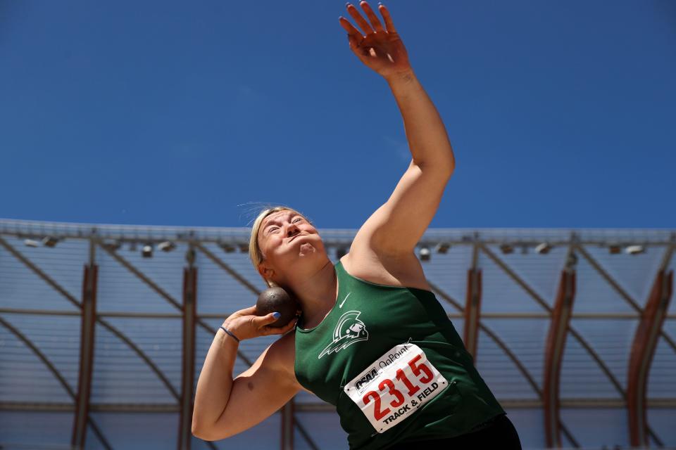 West Salem's Natalie Cunningham makes her final throw in the 6A girls shot put during the Oregon State Track and Field Championships at Hayward Field in Eugene, Ore. on Saturday, May 21, 2022.