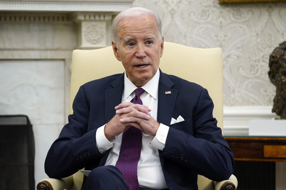 President Joe Biden listens as he meets with Australia's Prime Minister Anthony Albanese in the Oval Office of the White House, Wednesday, Oct. 25, 2023, in Washington. (AP Photo/Evan Vucci)