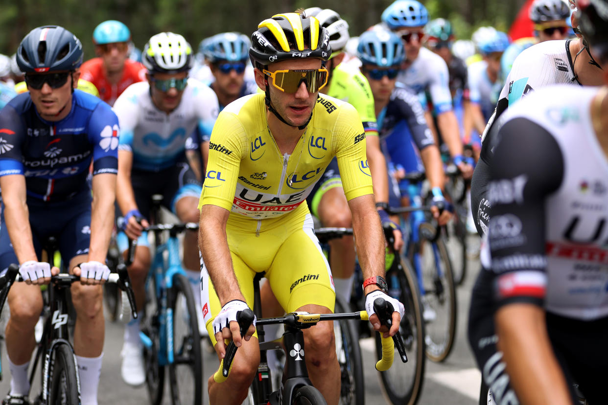  Adam Yates in the yellow jersey during stage 3 of the Tour de France 2023 
