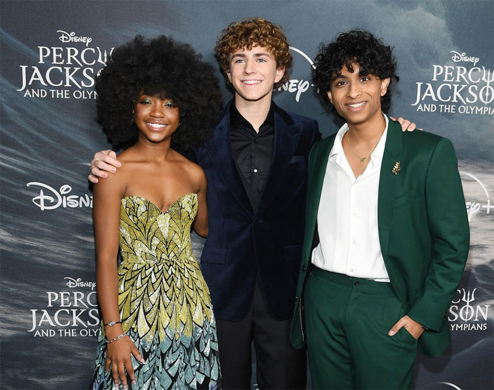 Leah Jeffries, Walker Scobell and Aryan Simhadri attend Disney's Percy Jackson and The Olympians premiere at The Metropolitan Museum of Art on December 13, 2023 in New York City.