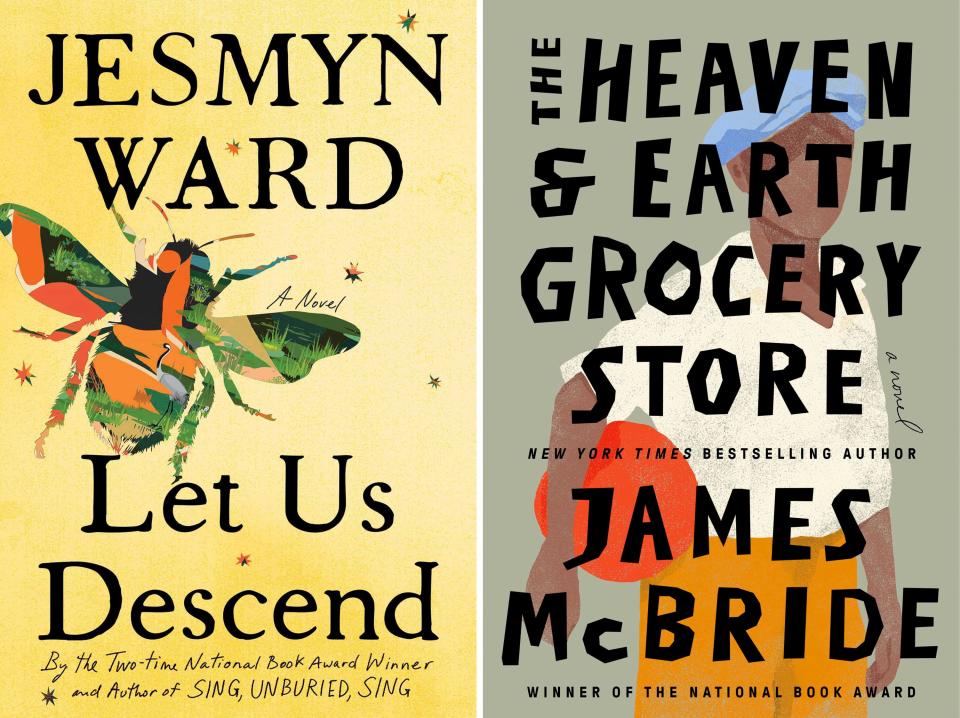 This combination of images shows book cover images for "Let Us Descend" by Jesmyn Ward, left, and "The Heaven & Earth Grocery Store" by James McBride. Novels by Ward and McBride are among the finalists for the 10th annual Kirkus Prizes, which will be awarded in October.