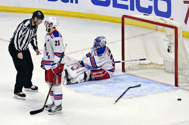 New York Rangers goalie Henrik Lundqvist (30) and centre Derek Stepan (21) react after the Ottawa Senators scored late to tie the game during the third period in game five of a second-round NHL hockey Stanley Cup playoff series in Ottawa on Saturday, May 6, 2017. THE CANADIAN PRESS/Sean Kilpatrick