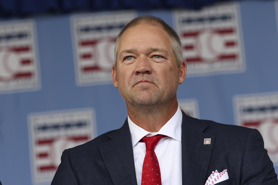 Hall of Fame inductee Scott Rolen looks on during a National Baseball Hall of Fame induction ceremony Sunday, July 23, 2023, at the Clark Sports Center in Cooperstown, N.Y. (AP Photo/Bryan Bennett)