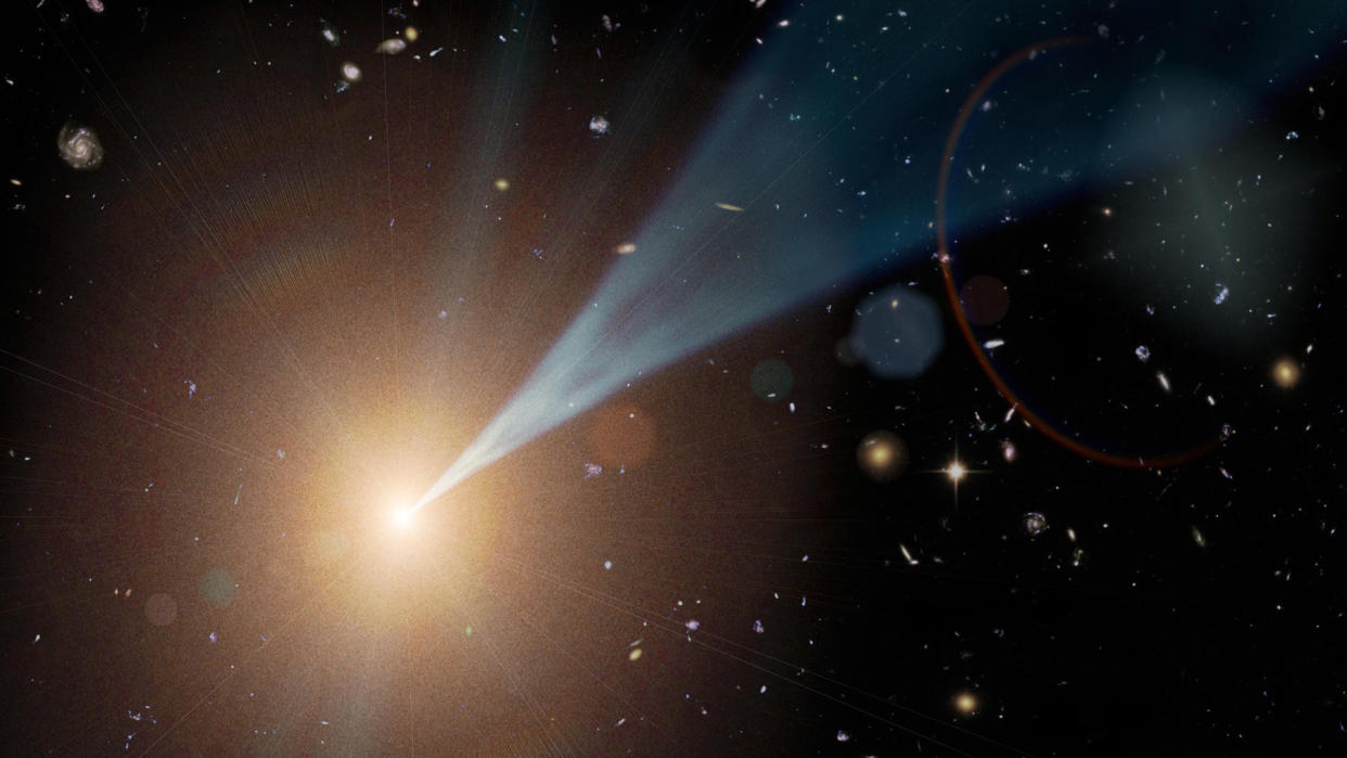  An artist's concept of a feeding supermassive black hole with a jet streaming outward at nearly the speed of light. 