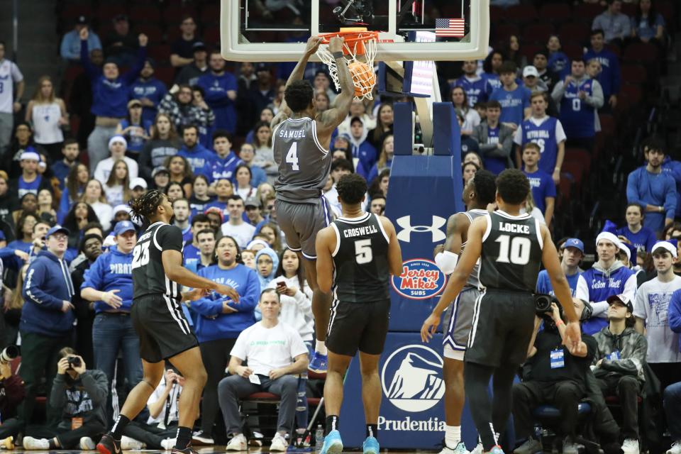 Seton Hall Pirates forward Tyrese Samuel (4) dunks the ball against the Providence Friars during the first half at Prudential Center.