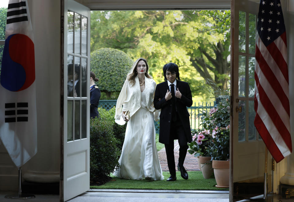 WASHINGTON, DC - APRIL 26: Actress Angelina Jolie and her son Maddox arrive at the White House on April 26, 2023 in Washington, DC. President Joe Biden and first lady Jill Biden are hosting South Korean President Yoon Suk-yeol and South Korean first lady Kim Keon-hee for a State Dinner. (Photo by Anna Moneymaker/Getty Images)