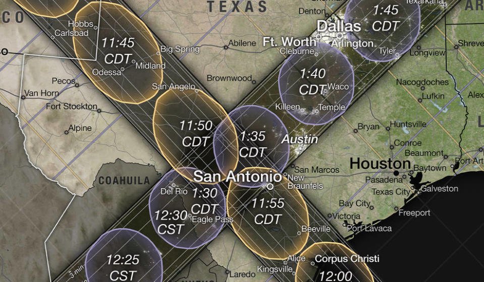 Close ups of a NASA solar eclipse map for October 2023 and April 2024