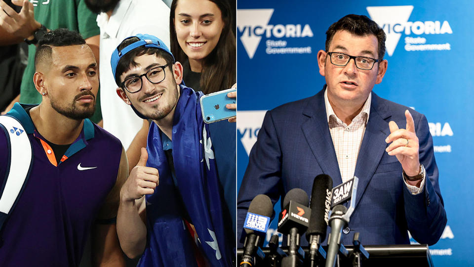 Pictured here, Nick Kyrgios poses for a photo with a fan and the Victorian Premier addresses the media.