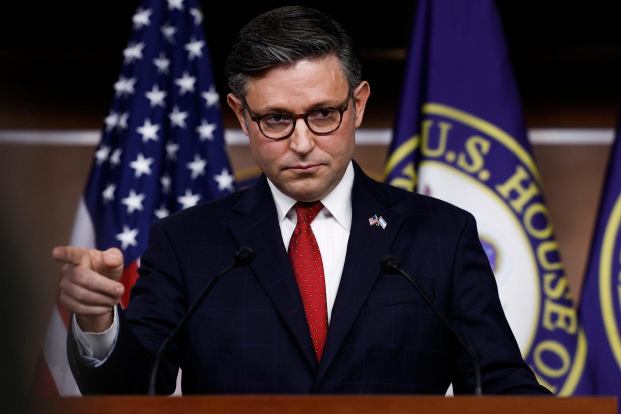 U.S. Speaker of the House Mike Johnson (R-LA) speaks during a news conference after a weekly Republican conference meetingin the U.S. Capitol Building on November 14, 2023 in Washington, DC.