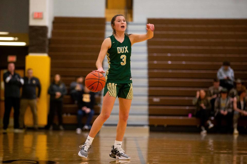 West's Jordyn Klaasen calls a play as she takes the ball down the court Friday, Jan. 6, 2023, at Zeeland East High School. 