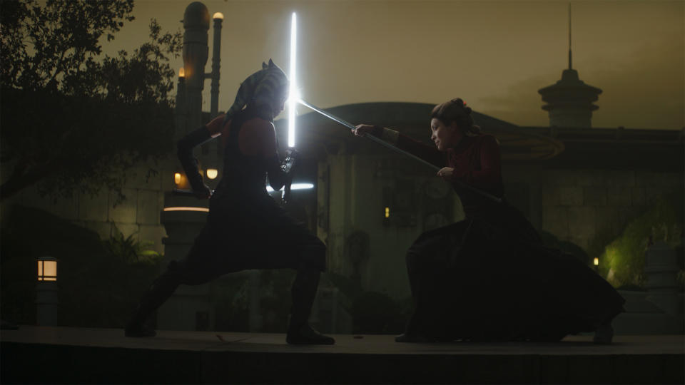 Ahsoka Tano battles magistrate Morgan Elsbeth on Calodan. in The Mandalorian season 2