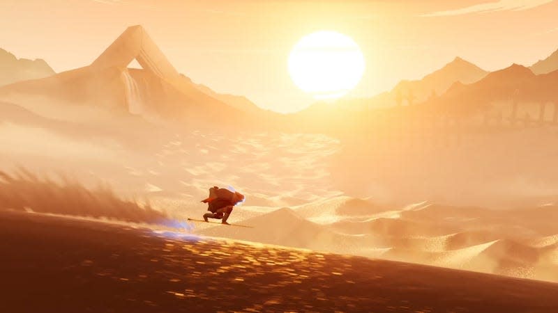 The main character of Sword of the Sea is seen boarding in the desert.