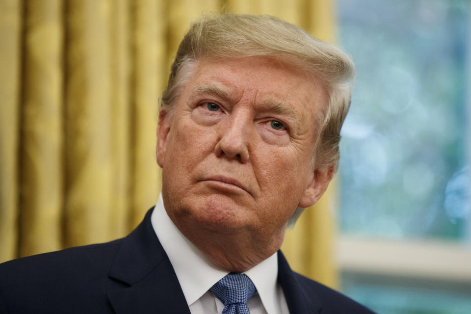 President Donald Trump in the Oval Office of the White House, Thursday, Aug. 22, 2019, in Washington. (AP Photo/Alex Brandon)