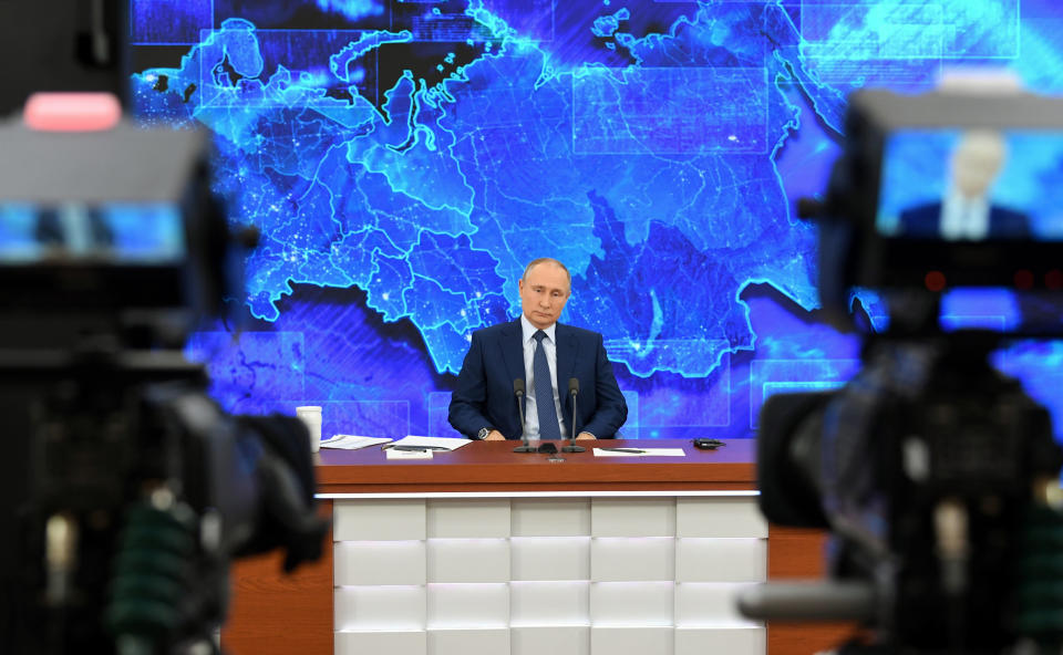 Russian President Vladimir Putin speaks via video call during a news conference in Moscow, Russia, Thursday, Dec. 17, 2020. This year, Putin attended his annual news conference online due to the coronavirus pandemic. (Aleksey Nikolskyi, Sputnik, Kremlin Pool Photo via AP)