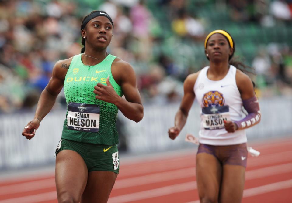 Oregon's Kemba Nelson wins her heat of the women's 100 meter preliminaries on day two of the NCAA Outdoor Track & Field Championships Thursday June 9, 2022 at Hayward Field in Eugene, Ore.