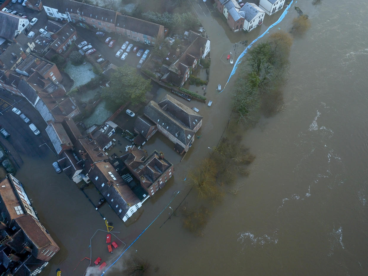 Aerial view of flooding along the river Severn at Bewdley where despite the efforts by the environment agency, one side of the flood defences have been overtopped as storm Christoph continues to wreak havoc, 23 Jan 2021. 