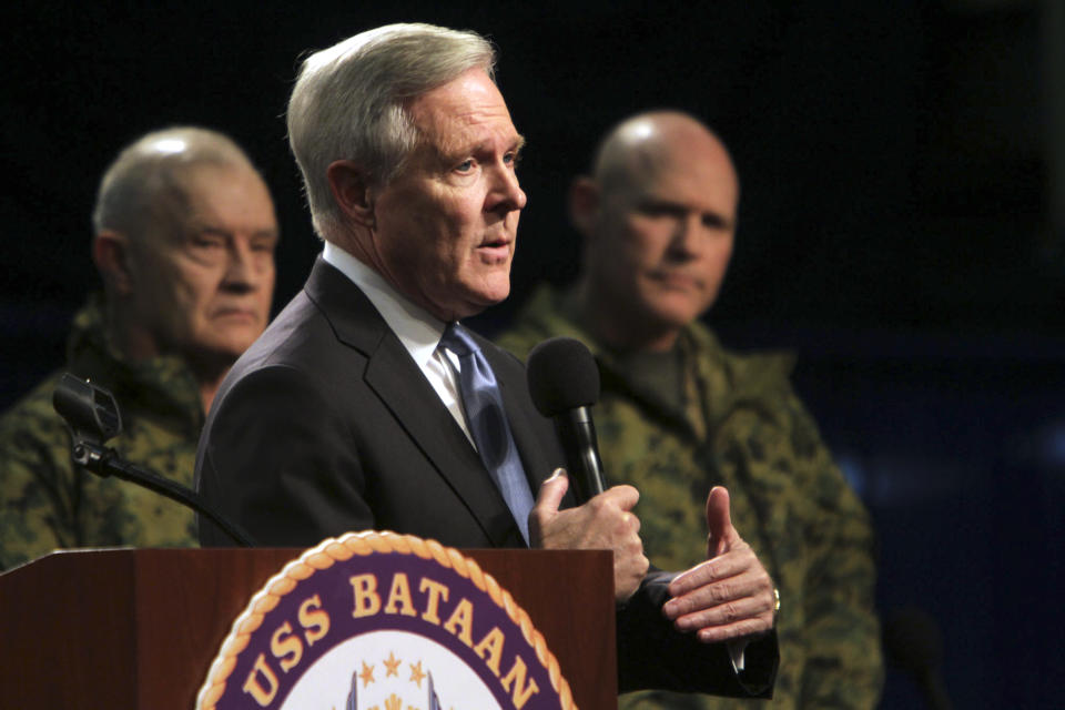 Navy Secretary Ray Mabus addresses sailors and Marines aboard the LHD Bataan at Norfolk Naval Station in Norfolk, Va., on Monday, March 5, 2012, during an "all hands" call that was televised and streamed live worldwide. Mabus outlined new initiatives in five areas, including responsible use of alcohol and reducing sexual assaults and suicides. Behind him are Marine Lt. General Dennis J. Hejlik, left, and Sergeant Major of the Marine Corps, Micheal P. Barrett. (AP Photo/Virginian-Pilot, Vicki Cronis-Nohe) MAGS OUT