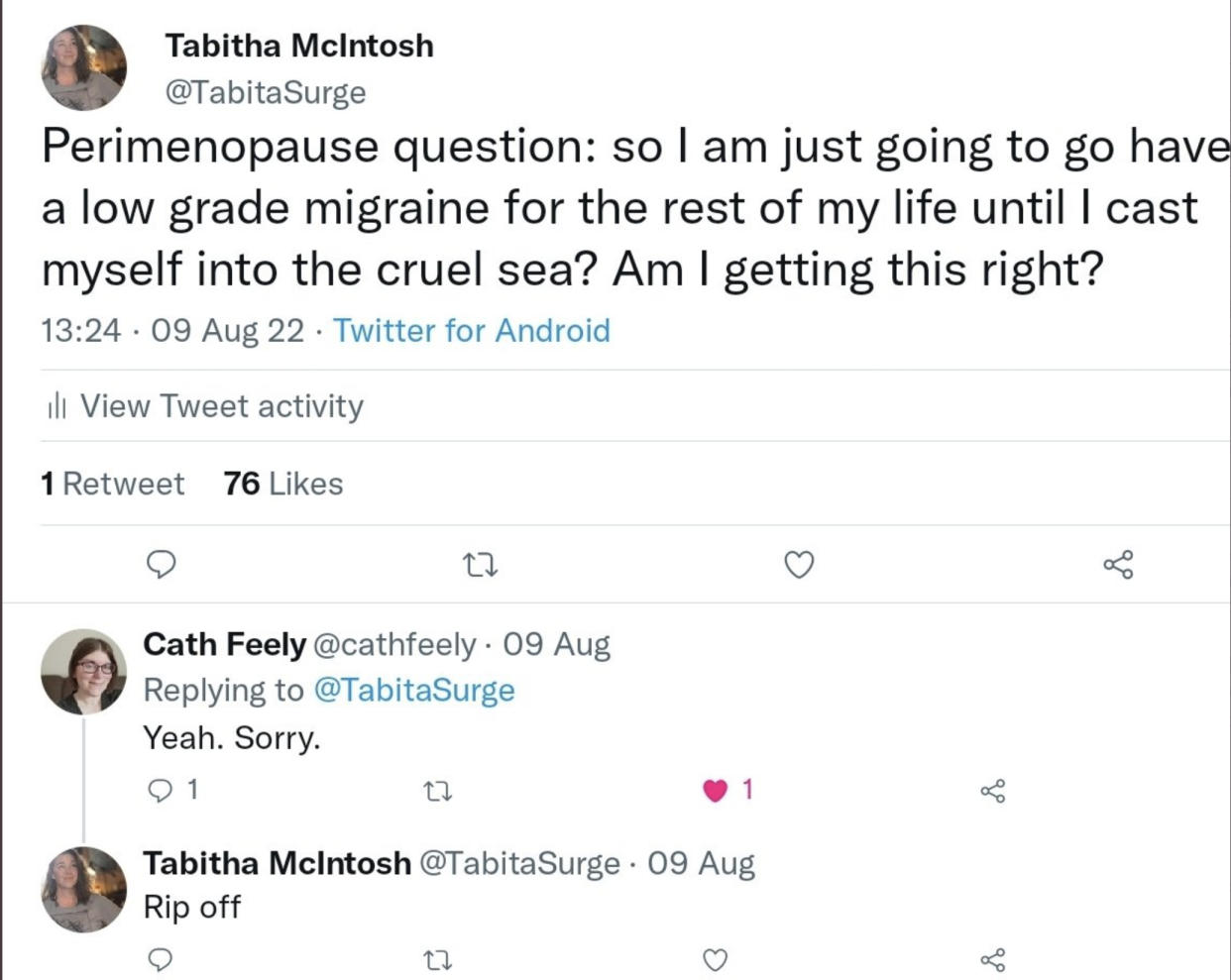 Tabitha McIntosh thought perimenopause caused her constant headache, but it was a sign of a stroke. (@TabitaSurge / via Twitter)