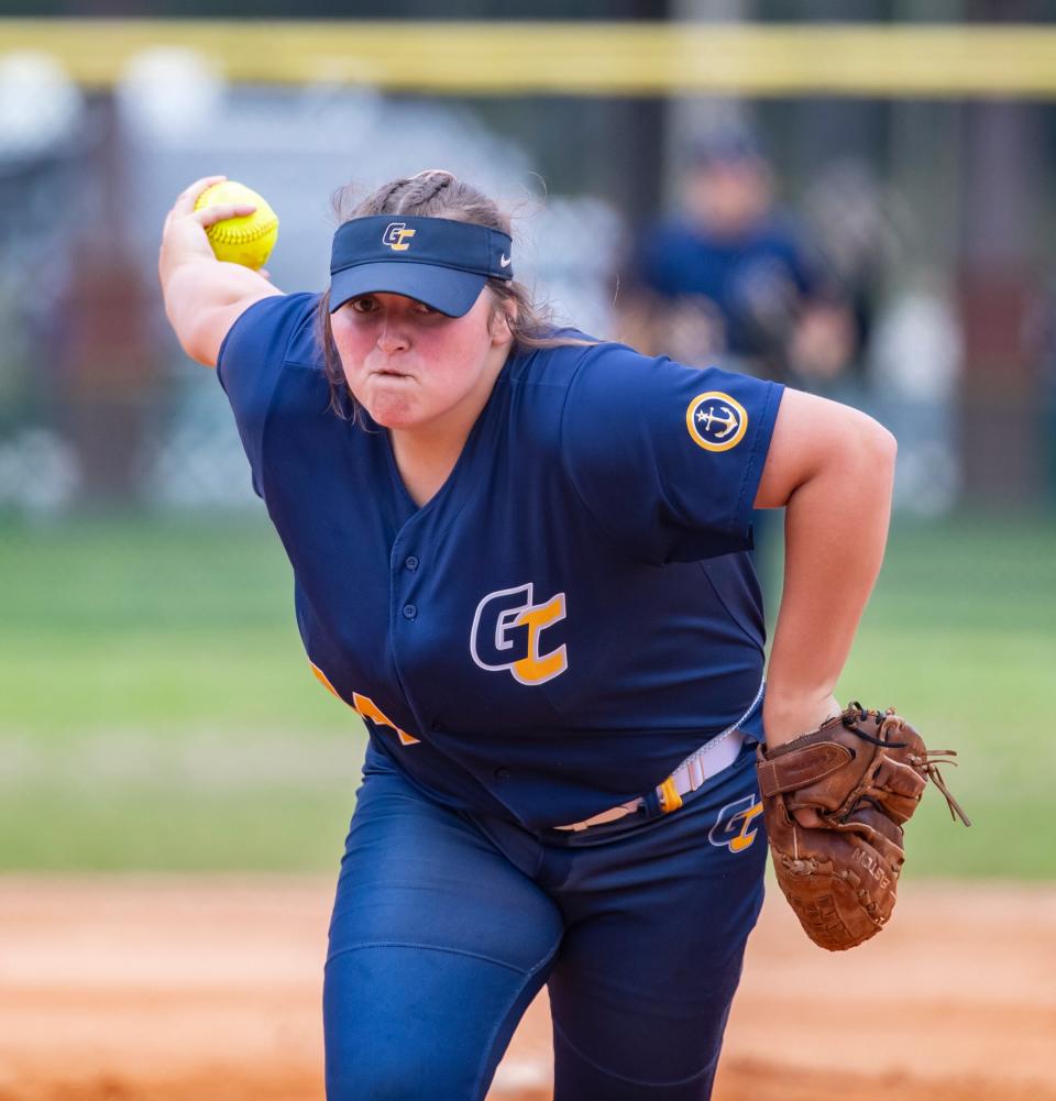 Commodore pitcher Grace Anne Spears winds up to deliver a pitch. Gulf Coast State College and Pensacola State faced off in softball at Frank Brown Park Saturday, March 19, 2022.