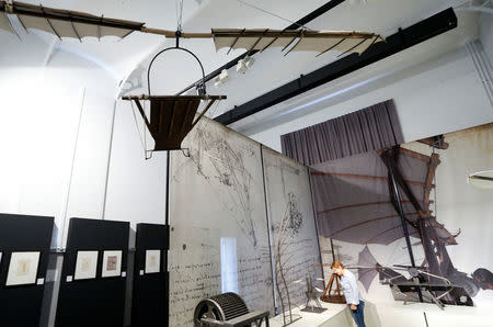 A reproduction of a bird-like flying machine designed by 15th century inventor Leonardo da Vinci is pictured during the exhibition "Leonardo da Vinci, the inventions of a Genius" in Bruges, Belgium May 30, 2017. REUTERS/Francois Lenoir