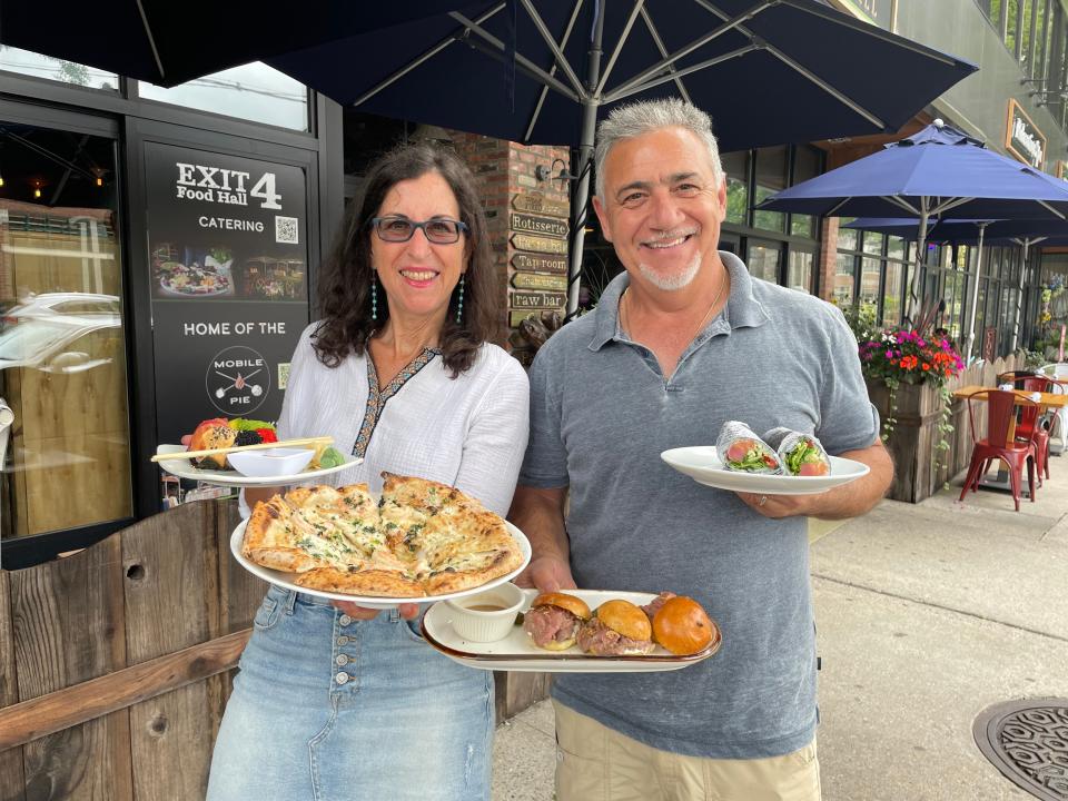 Lohud Food & Dining Reporter Jeanne Muchnick, left, with Isi Albanese, the owner of Exit 4 Food Hall in Mount Kisco. Photographed July 14, 2023