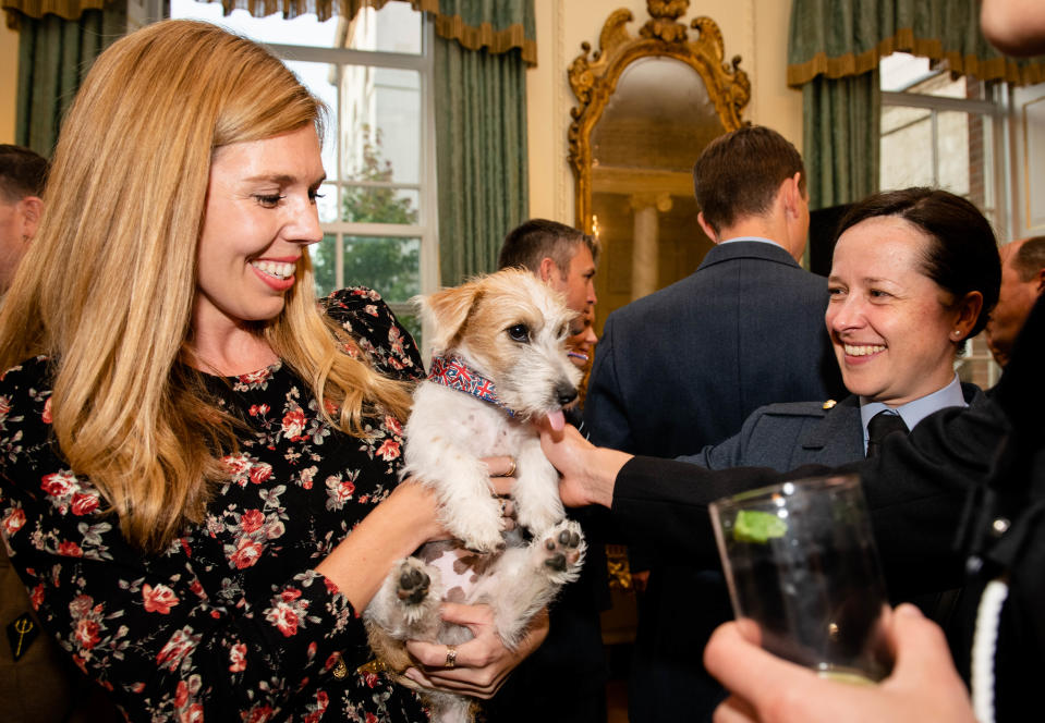 Carrie Symonds opted for a black and red floral dress as she introduced her new pup to guests at No.10 [Photo: Getty Images]