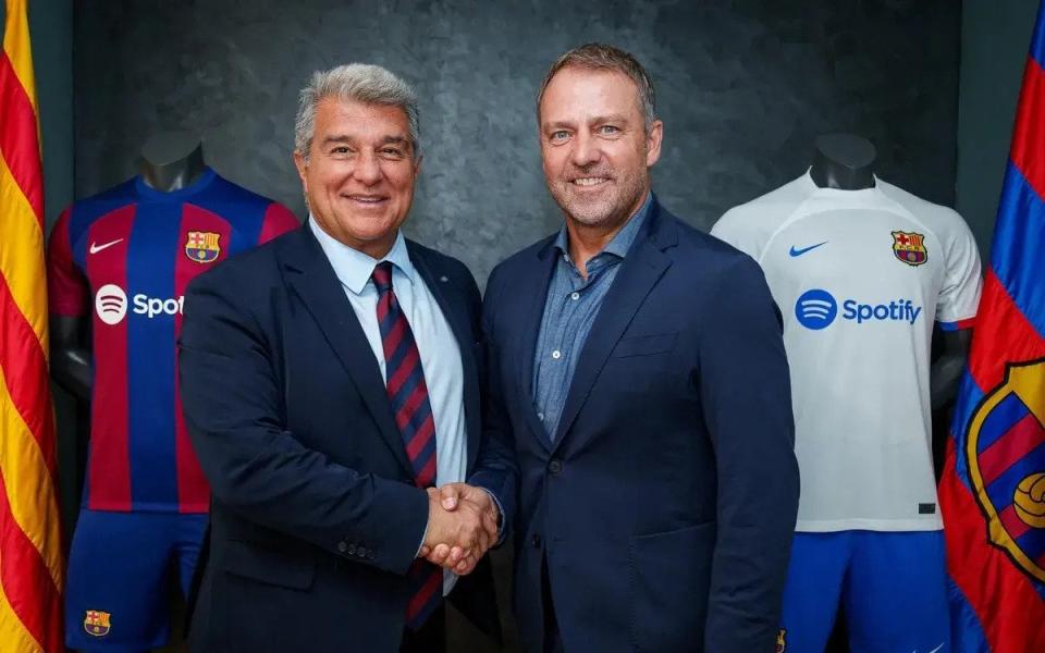 Barcelona president Laporta meets with Hansi Flick ahead of pre-season