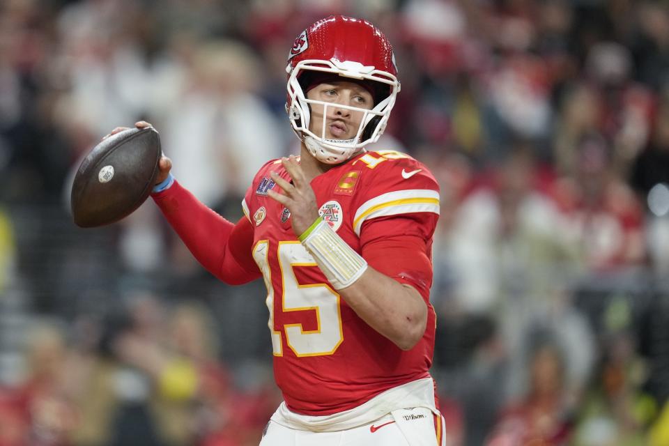 Kansas City Chiefs quarterback Patrick Mahomes (15) works in the pocket against the San Francisco 49ers during the second half of the NFL Super Bowl 58 football game Sunday, Feb. 11, 2024, in Las Vegas. (AP Photo/Ashley Landis)