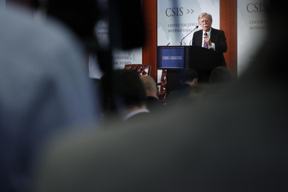 Former National security adviser John Bolton gestures while speaking at the Center for Strategic and International Studies in Washington, Monday, Sept. 30, 2019. (AP Photo/Pablo Martinez Monsivais)