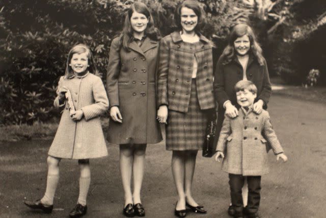 <p>Â©Earl Spencer</p> Charles Spencer with his sisters (from left) Diana and Sarah, their nanny Sally Percival and his sister Jane on the grounds of Park House in 1969.