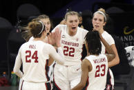 Stanford forward Cameron Brink (22) is congratulated by teammates after scoring against Oregon State during the second half of an NCAA college basketball game in the semifinal round of the Pac-12 women's tournament Friday, March 5, 2021, in Las Vegas. (AP Photo/Isaac Brekken)