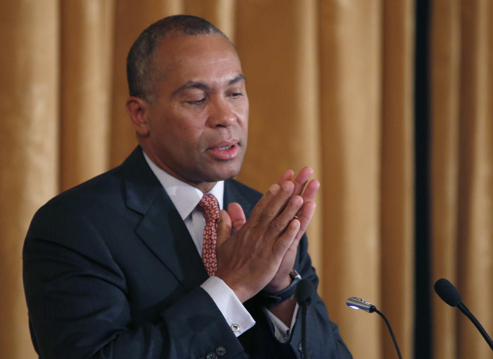 Mass. Gov. Deval Patrick reacts as he speaks at a forum entitled, "Leading Cities Through Crisis: Lessons from the Boston Marathon" held at Boston University in Boston, Monday, March 24, 2014. (AP Photo/Elise Amendola)