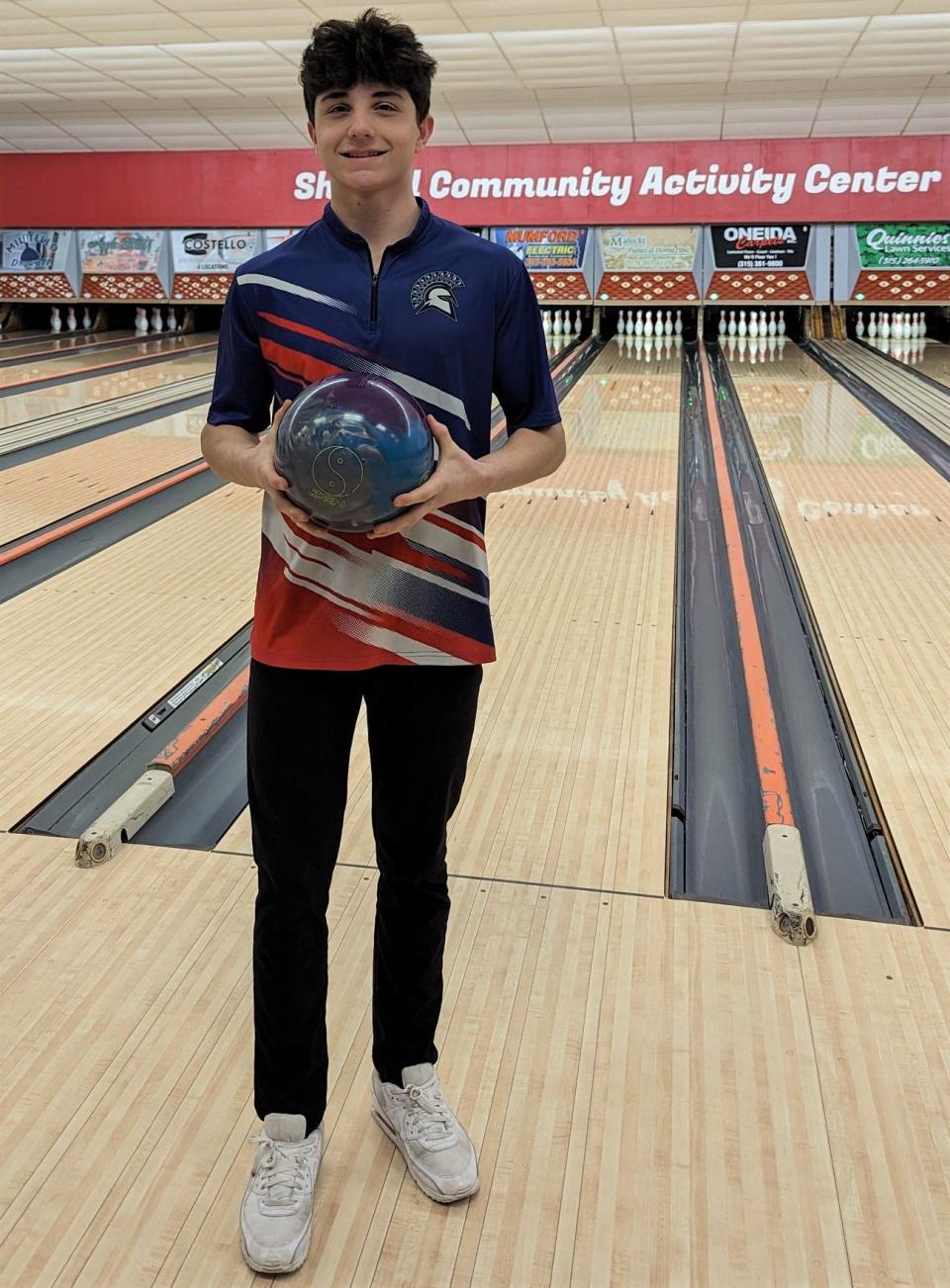 New Hartford junior Ray Cyr bowled a 300 game in the undefeated Spartans' match against Vernon-Verona-Sherrill Wednesday at the Community Activity Center in Sherrill.