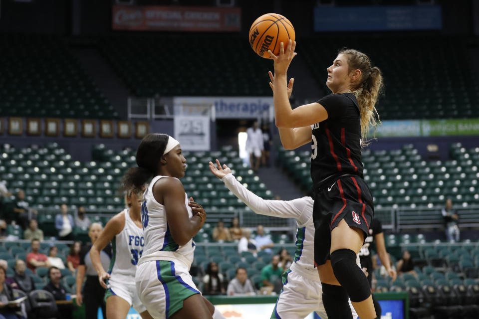 Stanford guard Hannah Jump shoots over Florida Gulf Coast guard Sha Carter, front left, during the fourth quarter of an NCAA college basketball game Friday, Nov. 25, 2022, in Honolulu. (AP Photo/Marco Garcia)