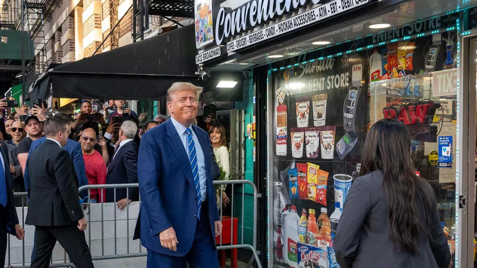 Former President Trump visits a Manhattan bodega – where a worker was assaulted by a man in 2022 and ended up killing him in an ensuing fight – on April 16, 2024, in New York City. Trump visited the bodega after spending a second day in court where he faces 34 felony counts of falsifying business records in the first of his criminal cases to go to trial.