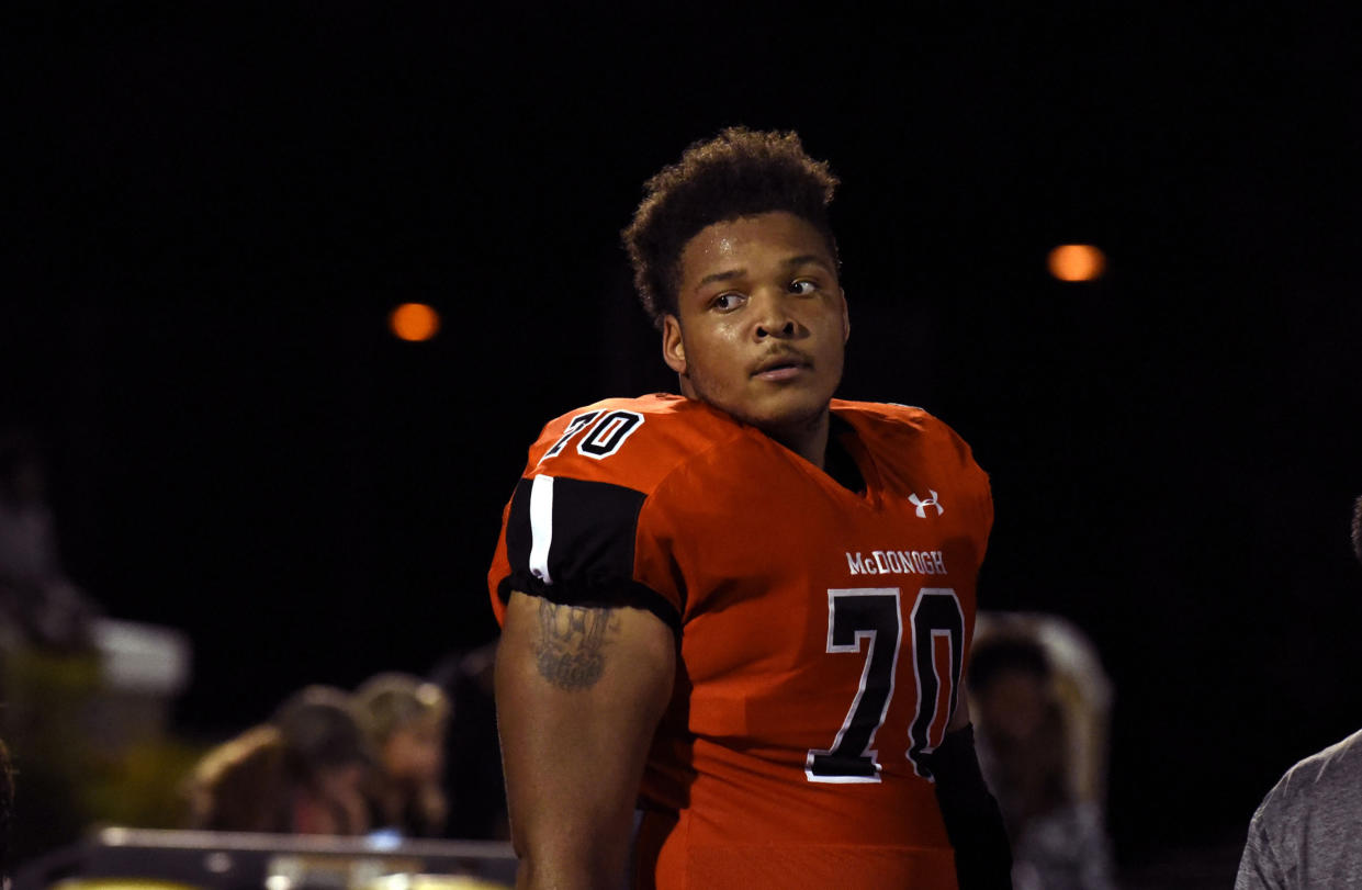 In a September 16, 2016, file image lineman Jordan McNair of McDonogh High School. McNair died on Wednesday, June 13, 2018, two weeks after collapsing during a University of Maryland football team workout. (Barbara Haddock Taylor/Baltimore Sun/Tribune News Service via Getty Images)
