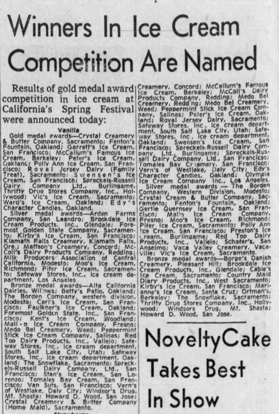 The April 17, 1961, edition of The Sacramento Bee announced gold-metal awards for ice cream, including Vic’s vanilla.