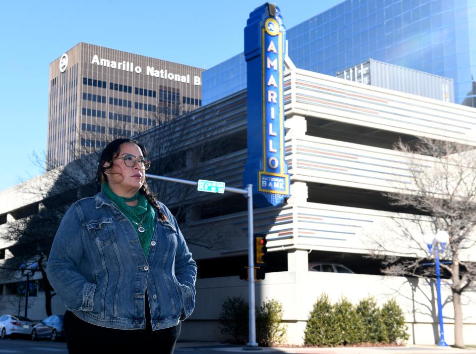 Pro-abortion activist Rachel O'Leary Carmona stands in downtown Amarillo, Tuesday, Jan. 16, 2024, in Amarillo, Texas. (Via OlyDrop)