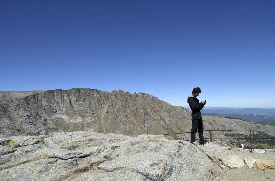 FILE- Mount Evans, is seen near Idaho Springs, in Colorado's Rocky Mountains on Sept. 10, 2016. A Colorado state panel recommended Thursday, Nov. 17, 2022, that Mount Evans, a prominent peak near Denver, be renamed Mount Blue Sky.(AP Photo/Thomas Peipert, File)