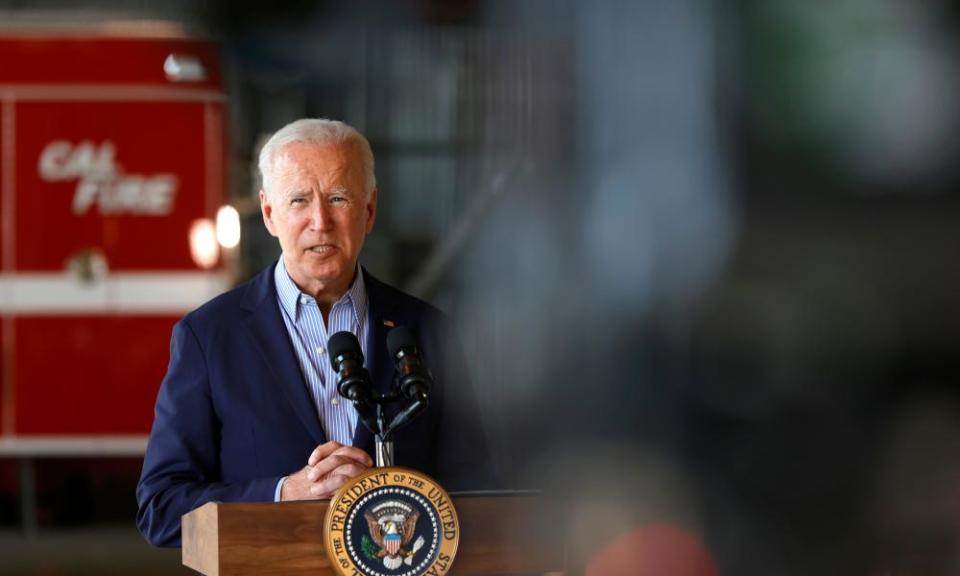 Joe Biden delivers remarks to reporters after doing a helicopter tour of the Caldor fire.
