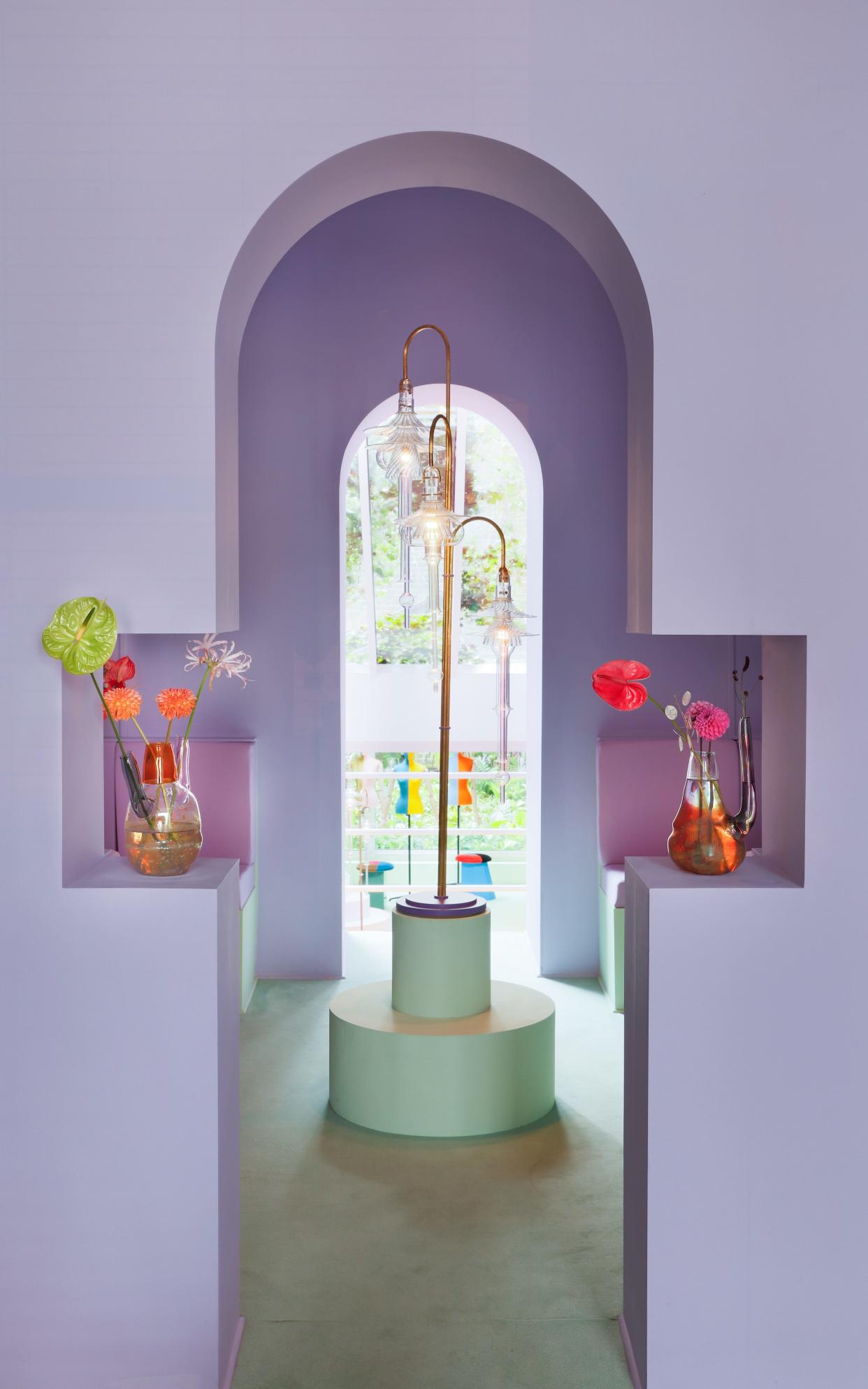 The lilac painted vestibule created specially for the Townhouse Takeover and featuring Jochen Holz's Ikebana vases and Bethan Laura Wood's lighting - © Angus Mill Photography +44 (0)7973 308 404