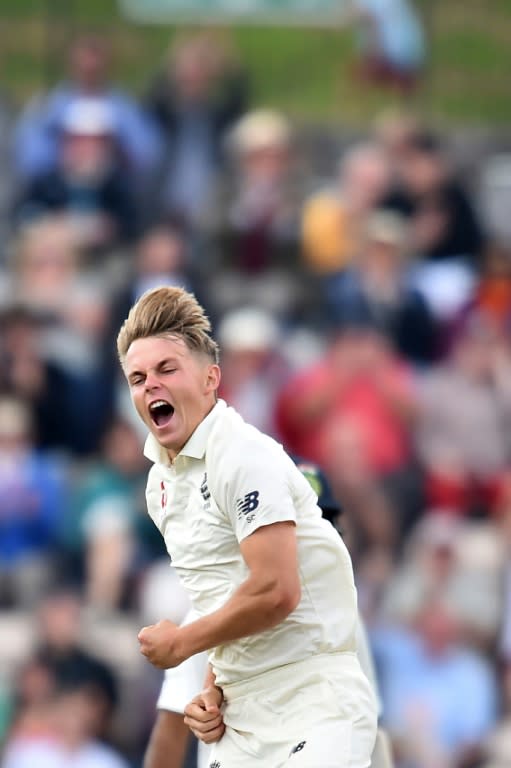 Sam Curran celebrates his dismissal of India captain Virat Kohli for 46 on the second day of the fourth Test at Southampton on Friday