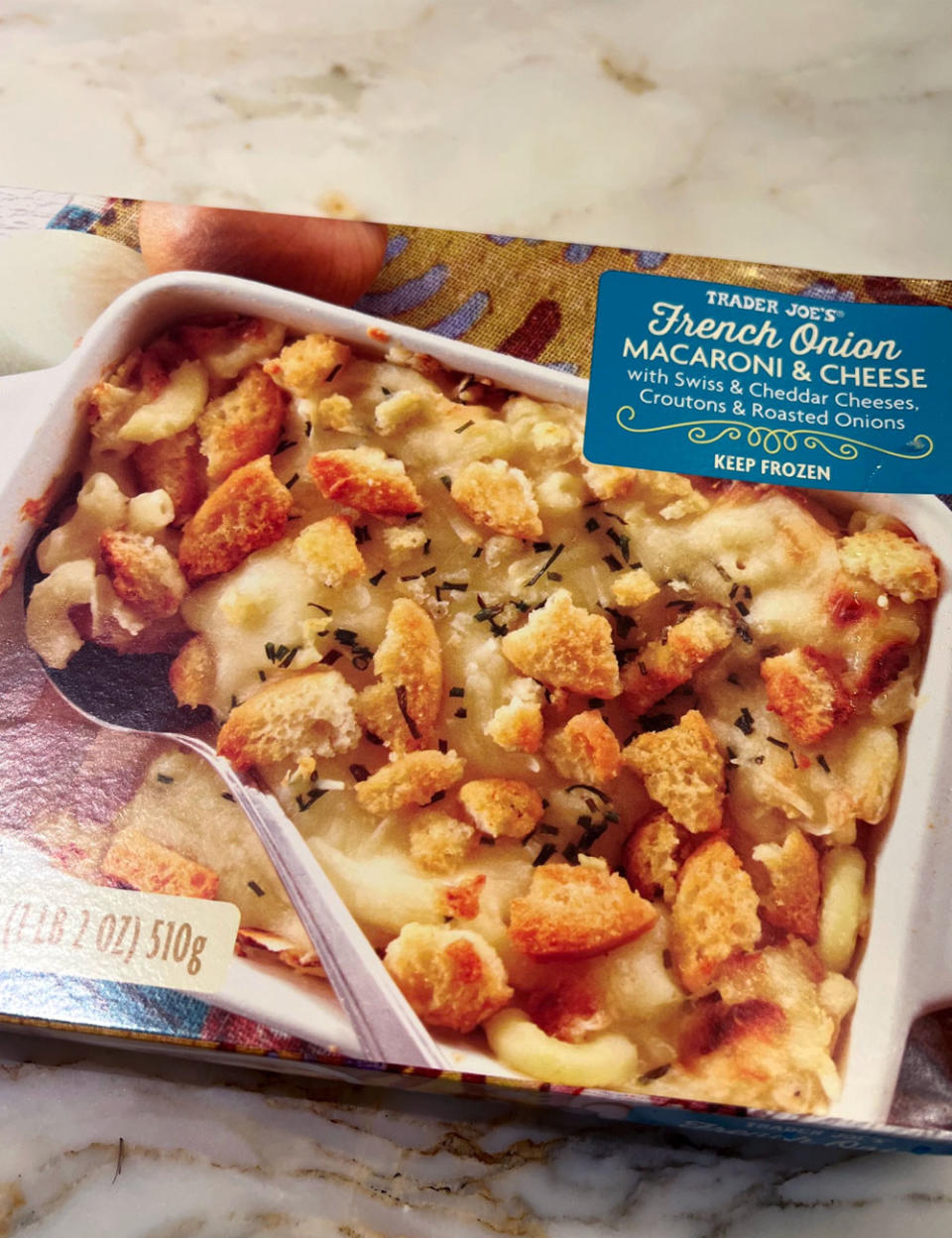 A box of Trader Joe's French onion macaroni and cheese