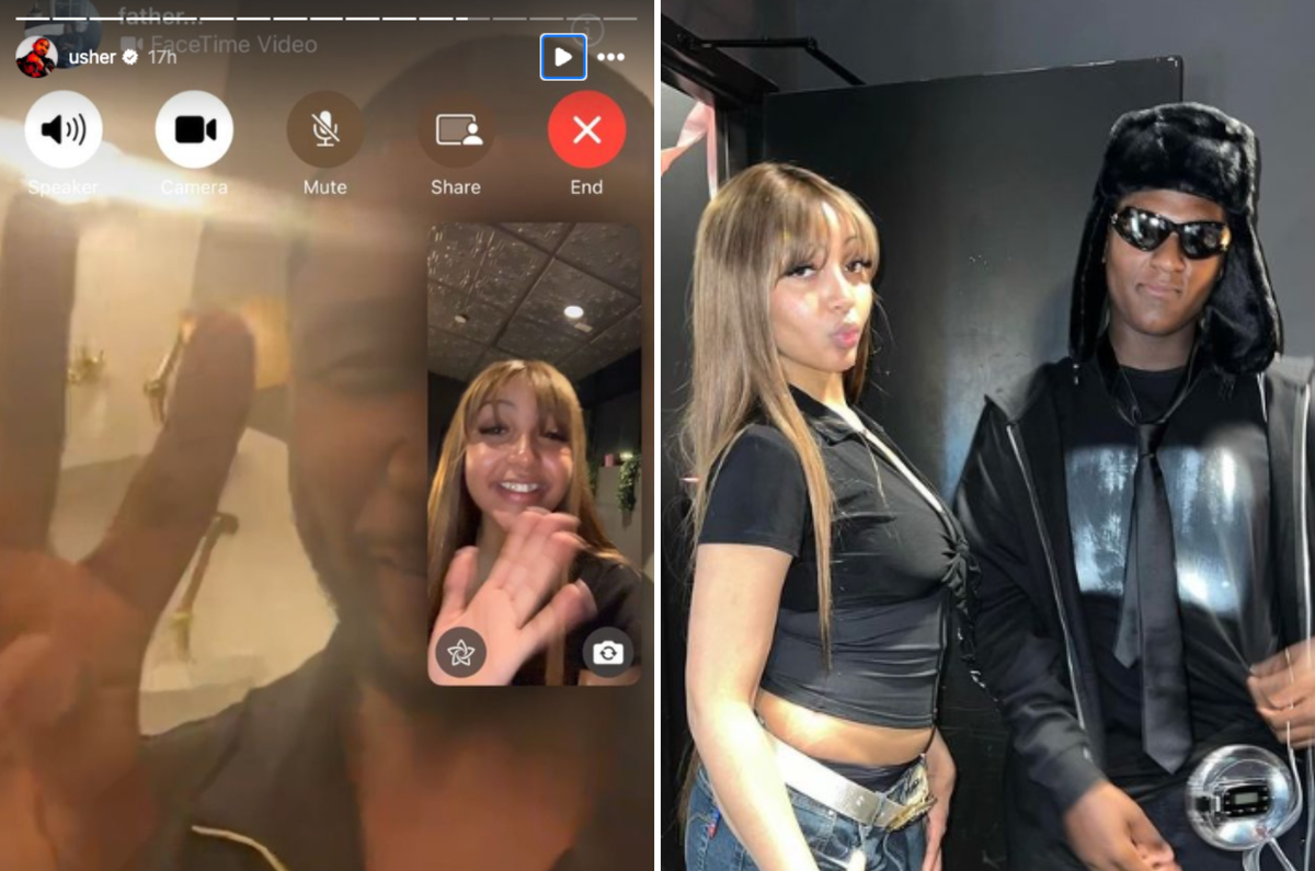 Usher FaceTiming PinkPantheress (left photo) and PinkPantheress and Naviyd backstage (right) (Usher on Instagram)