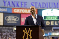 Baseball Hall of Famer Derek Jeter speaks during a ceremony honoring his Hall of Fame induction last year, before a baseball game between the Tampa Bay Rays and the New York Yankees on Friday, Sept. 9, 2022, in New York. (AP Photo/Adam Hunger)