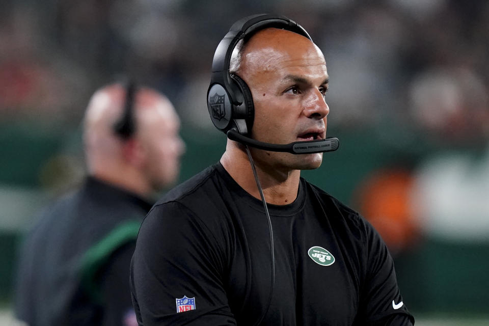 New York Jets head coach Robert Saleh works the sidelines during the first half of an NFL football game against the Atlanta Falcons, Monday, Aug. 22, 2022, in East Rutherford, N.J. (AP Photo/Frank Franklin II)