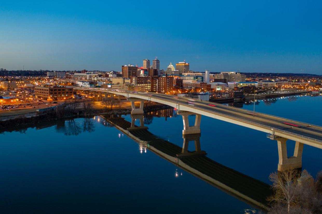 Night aerial drone shot of Peoria Illinois