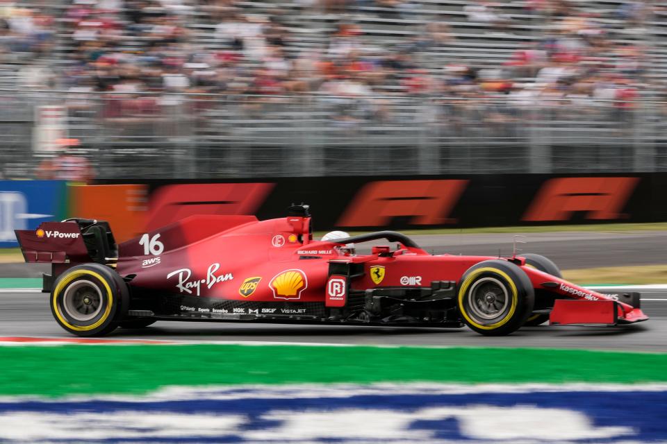 Ferrari driver Charles Leclerc of Monaco steers his car during the first practice session ahead of Sunday's Italian Formula One Grand Prix, at the Monza racetrack, in Monza, Italy, Friday, Sept. 10, 2021. (AP Photo/Luca Bruno)