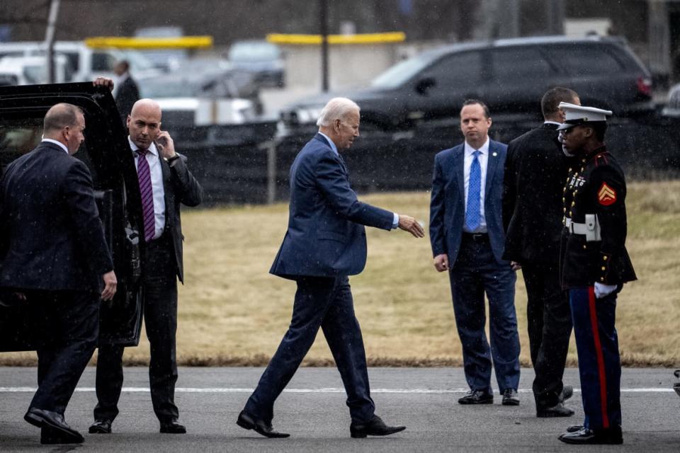 President Joe Biden departs from Walter Reed National Military Medical Center in Bethesda, Maryland, on Feb. 16, 2023. (AP Photo/Andrew Harnik)